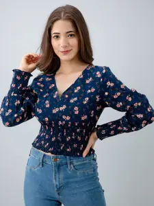 PRETTY LOVING THING Women Blue Floral Print Cinched Waist Top