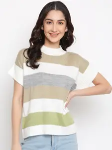 Latin Quarters Women Green & White Striped Pullover Sweater