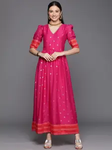 Ahalyaa Women Pink & Orange Polka Dots Print A-line Maxi Dress