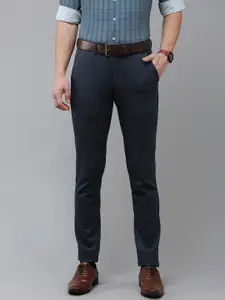 Van Heusen Men Solid Skinny Fit Mid-Rise Indigo Plain Knitted Flat-Front Formal Trousers