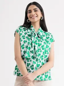 FableStreet Women White & Green Floral Print Tie-Up Neck Satin Top