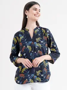 FableStreet Women Navy Blue Tropical Print Mandarin Collar Shirt Style Top