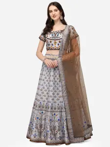 SAPTRANGI Grey & Blue Embroidered Semi-Stitched Lehenga & Unstitched Blouse With Dupatta