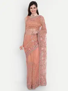 kasee Women Peach-Coloured Floral Embroidered  Net Saree