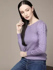 bebe Women Lavender All Day Ribbed Sweater with Embellished Detail
