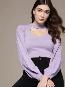bebe Women Soft Lavender All Day Cable Knit Puff Sleeves Choker Neck Pullover