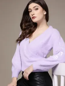 bebe Women Soft Lavender Brighter Basics Wrap Style Fuzzy Pullover