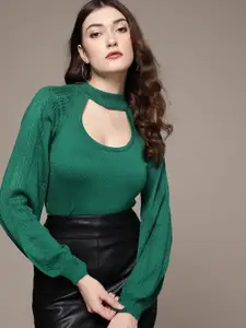 bebe Women Emerald Green All Day Cable Knit Puff Sleeves Choker Neck Pullover