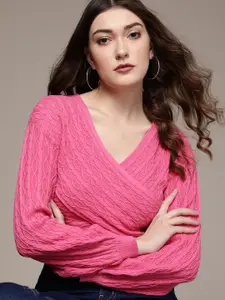 bebe Women Brighter Basics Hot Pink Cable Knit Puff Sleeves Wrap Style Pullover