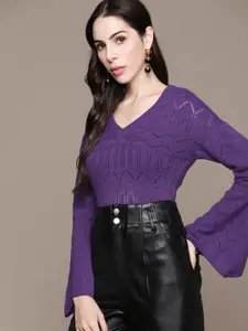 bebe Women Brighter Basics Purple Open-Knit Flared Sleeves Pullover