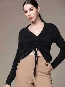 bebe Women Jet Black Season Staple Solid Ruched Pullover