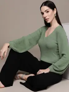bebe Women Sage Green Brighter Basics Puff Sleeve Pullover