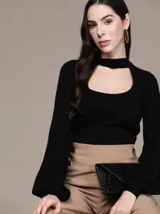 bebe Women Jet Black All Day Cable Knit Pullover