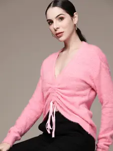 bebe Women Desert Flower Season Staple Solid Ruched Pullover