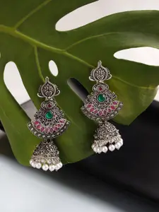 Jazz and Sizzle Silver-Toned Peacock Shaped Jhumkas Earrings