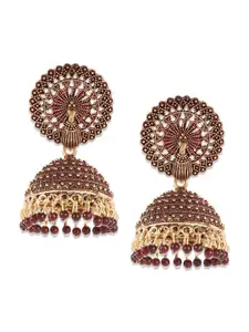 Jazz and Sizzle Gold-Toned & Maroon Leaf Shaped Jhumkas Earrings