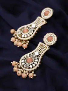 Jazz and Sizzle Women Peach& Gold-Toned Kundan Studded & Beaded Dome Shaped Drop Earrings