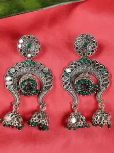 Jazz and Sizzle Silver-Toned & Green Crescent Shaped Jhumkas Earrings