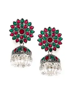 Jazz and Sizzle Women Silver-Toned & Red Floral Jhumkas Earrings