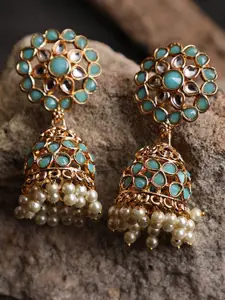 Jazz and Sizzle Sea Green & Cream Gold-Plated Dome Shaped Jhumkas Earrings