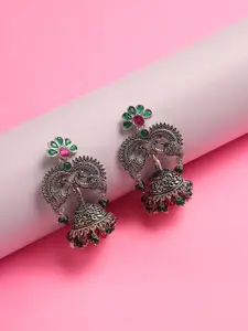 Jazz and Sizzle Silver-Toned Peacock Shaped Jhumkas Earrings