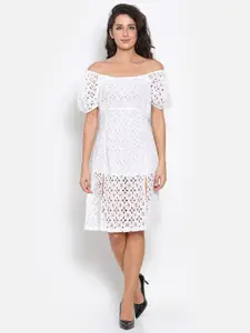 MARC LOUIS Women White Off-Shoulder Schiffli  A-Line Dress