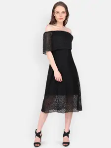 MARC LOUIS Women Black Off-Shoulder Lace Midi Dress