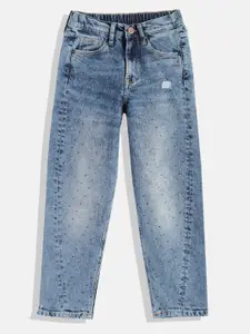 Pepe Jeans Girls Mabel Mom Fit High-Rise Low Distress Embellished Stretchable Jeans