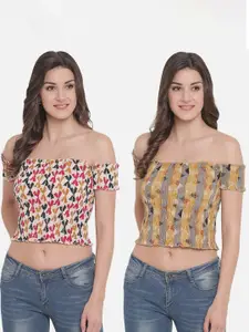 Aawari Mustard Yellow & Beige Geometric Print Off-Shoulder Bardot Crop Pack Of 2 Top