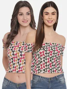 Aawari Cotton Set of 2 Printed Multicoloured Floral Print Off-Shoulder Bardot Crop Top