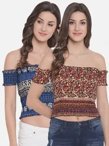 Aawari Women Pack Of 2 Blue & Brown Print Off-Shoulder Bardot Crop Top