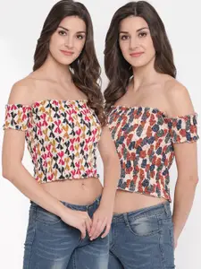 Aawari Pack Of 2 Women White & Beige Floral Print Off-Shoulder Bardot Crop Top