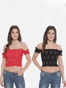 Aawari Women Pack Of 2 Red & Black Print Off-Shoulder Smocked Bardot Crop Top
