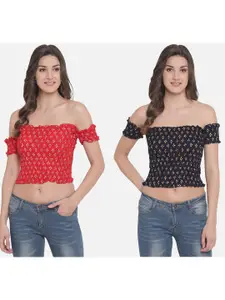 Aawari Women Pack Of 2 Red & Black Print Off-Shoulder Bardot Crop Top