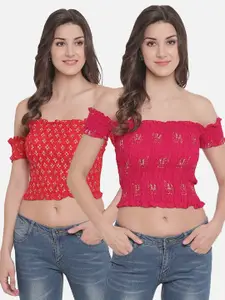 Aawari Red  And Pink Floral Print Off-Shoulder Bardot Crop Set of 2 Top