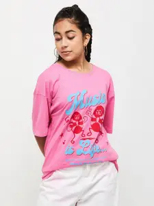 max Teens Girls Pink Typography Printed Drop-Shoulder Sleeves T-shirt