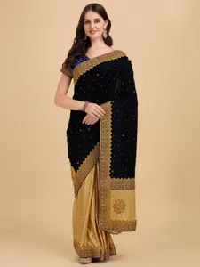 Vaidehi Fashion Blue & Gold-Toned Floral Embroidered Velvet Heavy Work Saree
