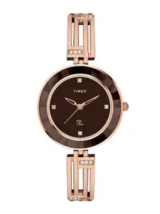 Timex Women Brown Embellished Dial & Rose Gold Toned Straps Analogue Watch-TWEL16204