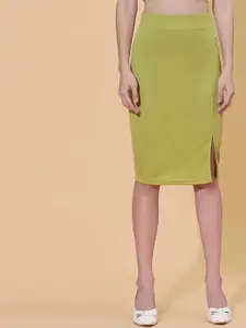 Selvia Women Green Solid Knee Length Straight Skirts