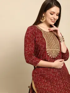 Anouk Women Maroon Ethnic Motifs Printed Thread Work Kurta