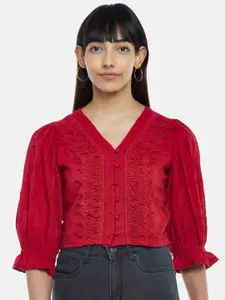 People Women Red Lace Insert Top