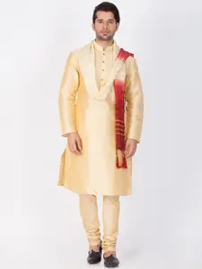 VASTRAMAY Men Gold-Toned Kurta with Pyjamas & With Dupatta