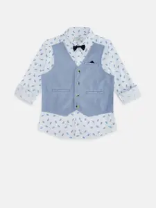 Pantaloons Junior Boys White Printed Party Shirt With vest coat & Bow