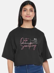 SF JEANS by Pantaloons Women Black Typography Printed Drop-Shoulder Sleeves T-shirt