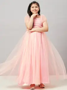 Stylo Bug Girls Peach-Coloured Solid Maxi Party Gown