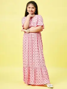 Stylo Bug Girls Pink & Purple Printed Layered Ready to Wear Pure Cotton Lehenga & Blouse