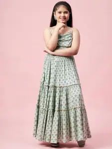 Stylo Bug Girls Green & Black Printed Layered Ready to Wear Pure Cotton Lehenga & Blouse