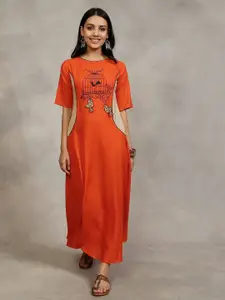 Rustorange Women Orange and Beige Embroidered Maxi Dress