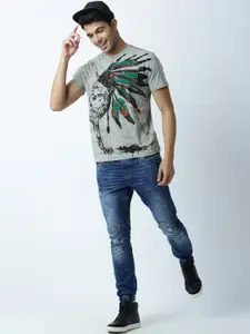 Huetrap Men Grey Melange Printed Round Neck T-shirt