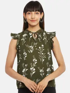 Annabelle by Pantaloons Olive Green Floral Print Tie-Up Neck Top